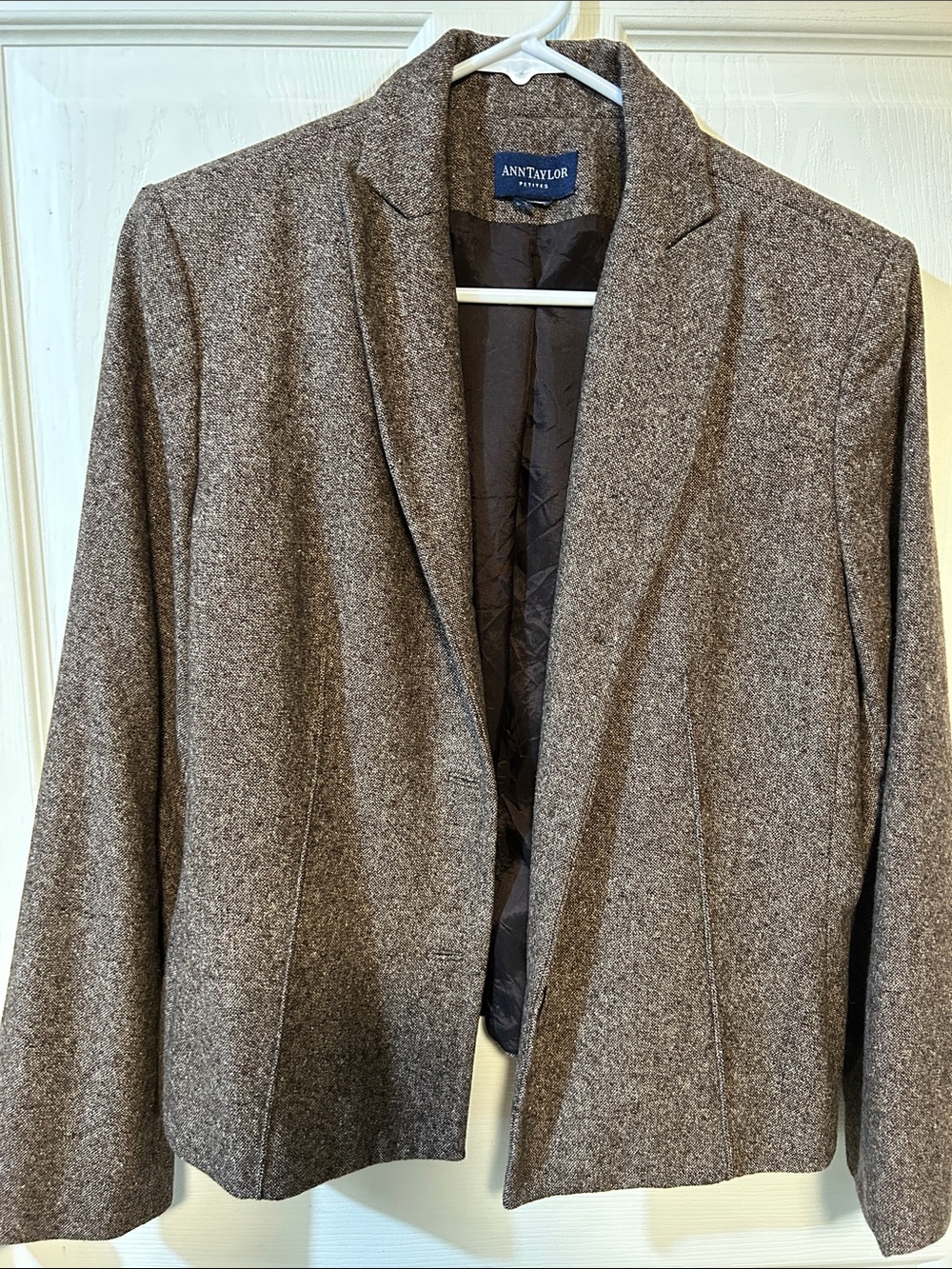 Ann Taylor Petites Brown Tweed Jacket with Dark Brown Lining